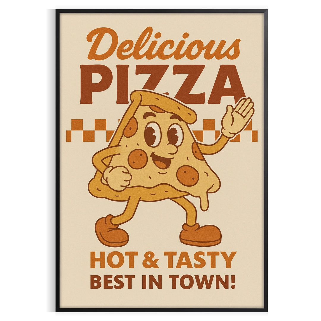 Green and gray retro pizza kitchen poster with illustrated mouthwatering slice