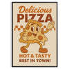 Green and gray retro pizza kitchen poster with illustrated mouthwatering slice