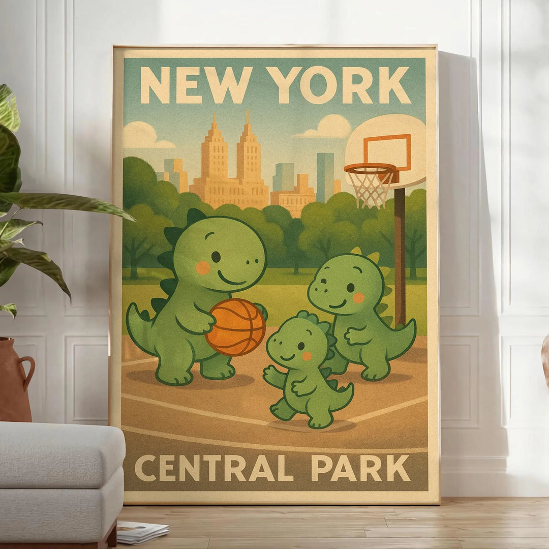 Playful dinosaurs engaging in basketball in Central Park, New York