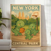 Playful dinosaurs engaging in basketball in Central Park, New York