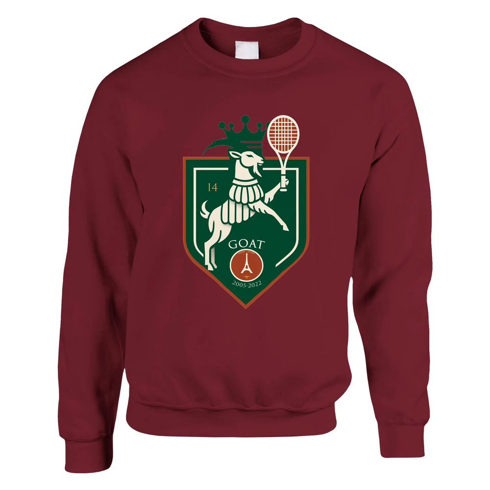 Sweater featuring a graphic of Rafael Nadal in action at the Paris Open