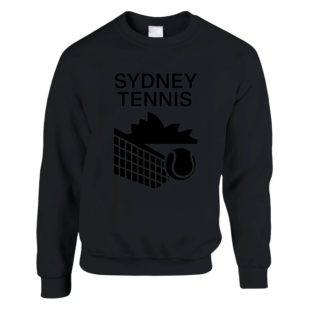 Unisex sweater featuring a graphic print of tennis elements and Sydney landmarks