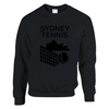 Unisex sweater featuring a graphic print of tennis elements and Sydney landmarks