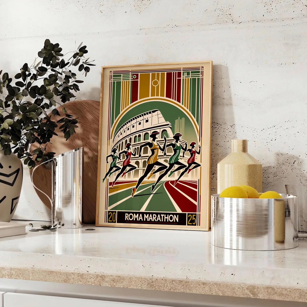 Poster showing stylized Rome marathon runners in brown and black tones