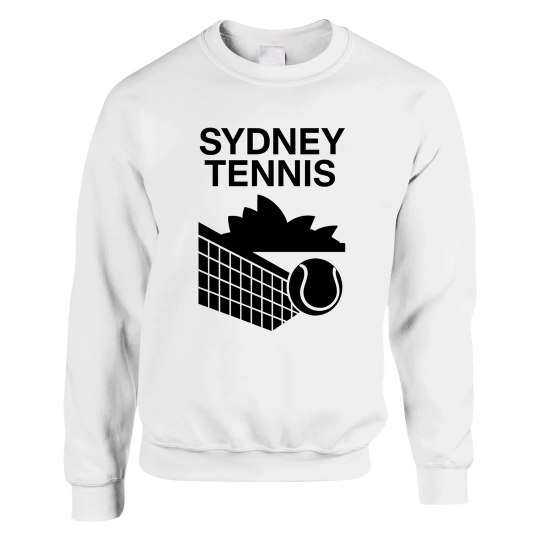 Unisex sweater featuring a graphic print of tennis elements and Sydney landmarks