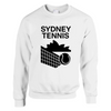 Unisex sweater featuring a graphic print of tennis elements and Sydney landmarks
