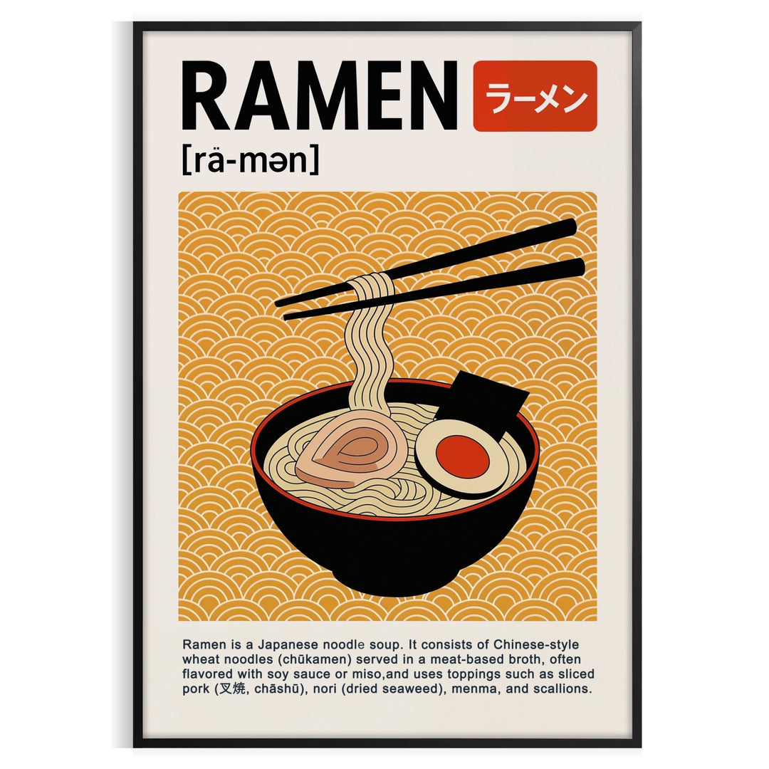 Stylized ramen bowl with a kitchen background in black and red