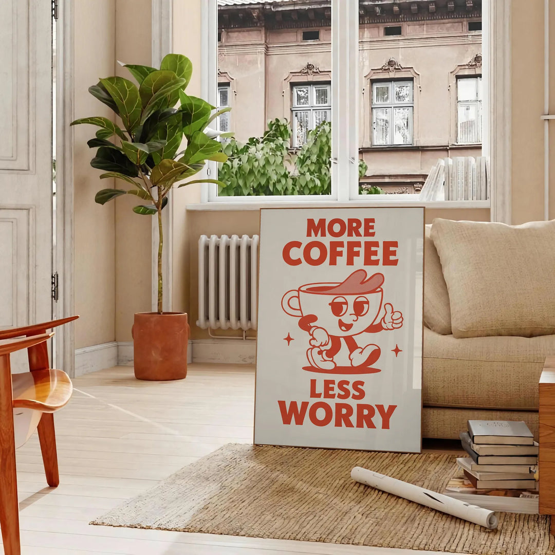 Gray and orange 'More Coffee Less Worry' kitchen poster, minimalist typography