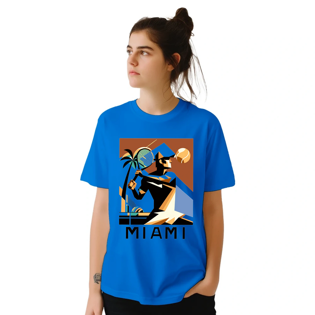T-shirt featuring a tennis player in action against a Miami skyline