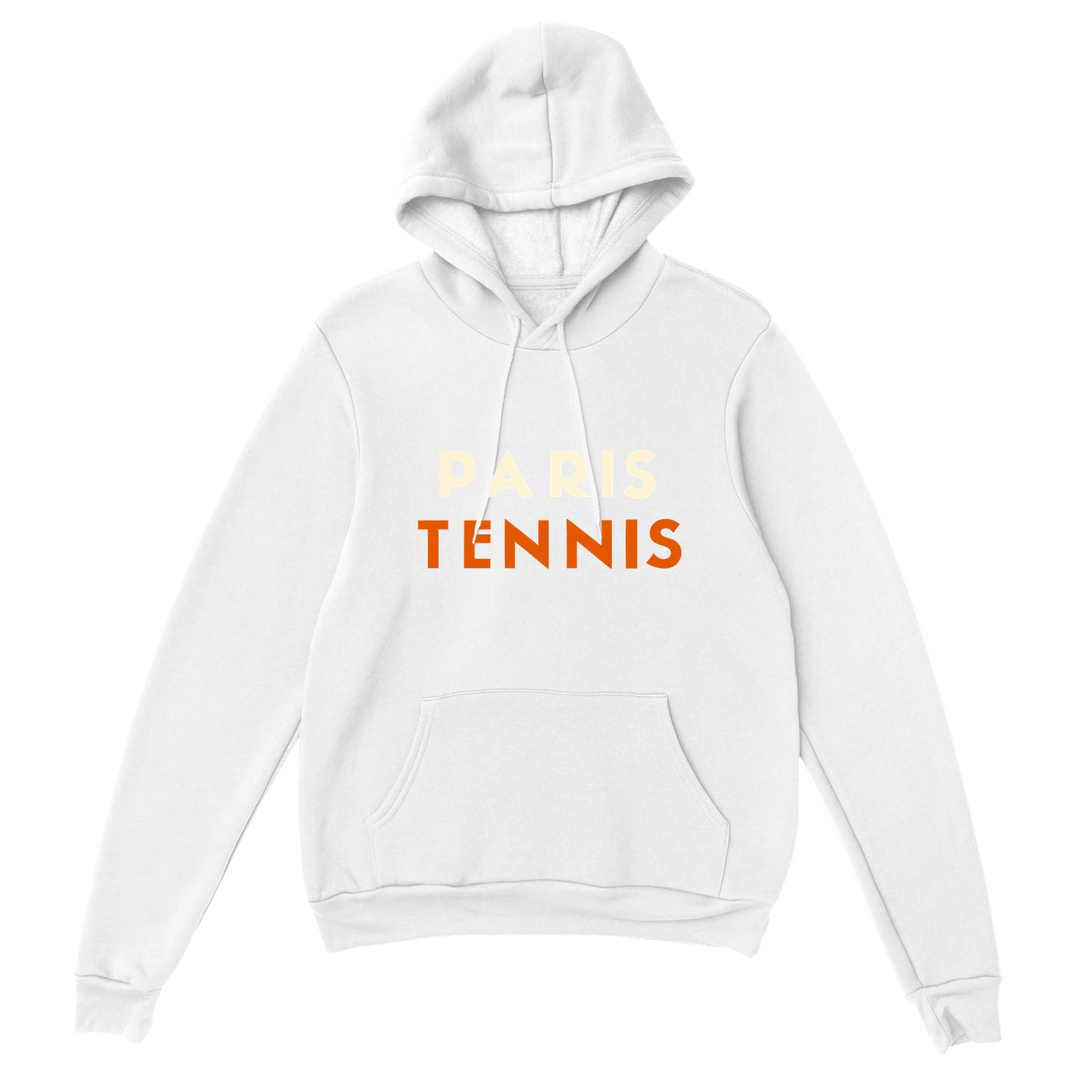Hoodie featuring a graphic print of tennis elements and Paris motifs