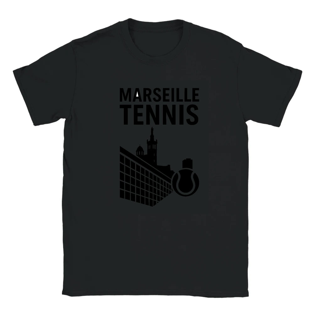T-shirt featuring a graphic of tennis players in action with Marseille text