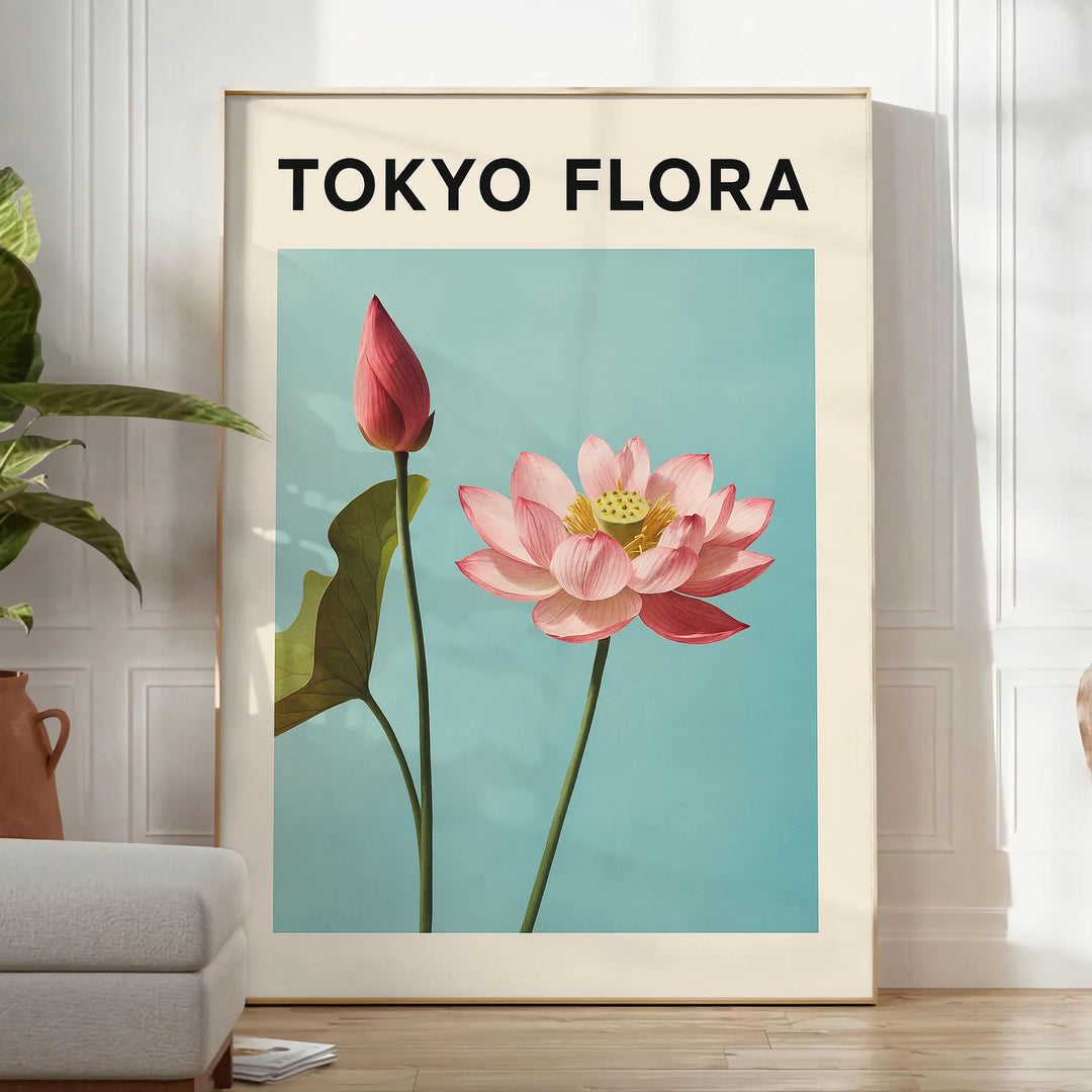 Vintage-style Tokyo flora botanical poster with green and blue tones