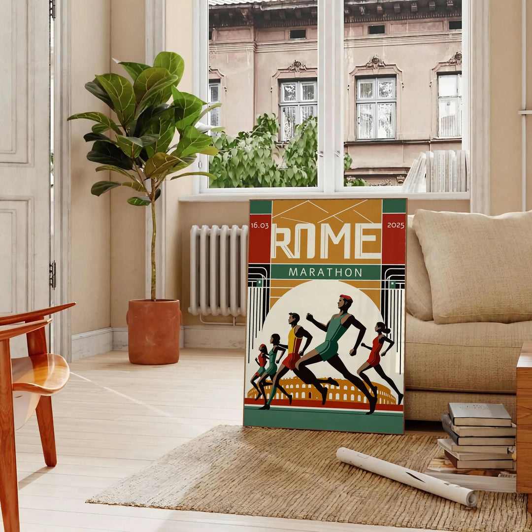 Dynamic illustration of runners in the Rome Marathon with green and white accents