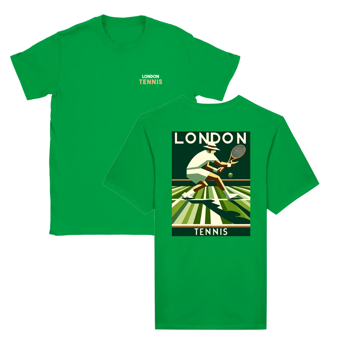 T-shirt featuring a graphic of a tennis player in action, with London landmarks in the background
