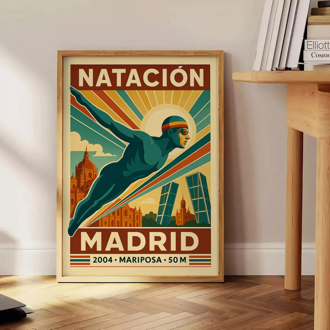 Brown and red stylized Madrid swimming poster with vintage illustration