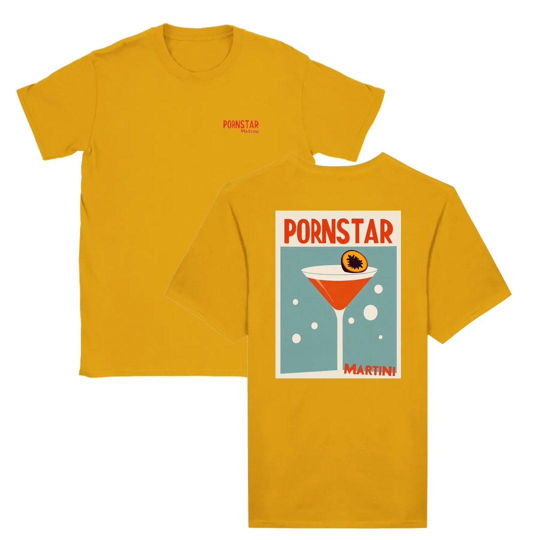 T-shirt featuring a graphic of a Pornstar Martini cocktail