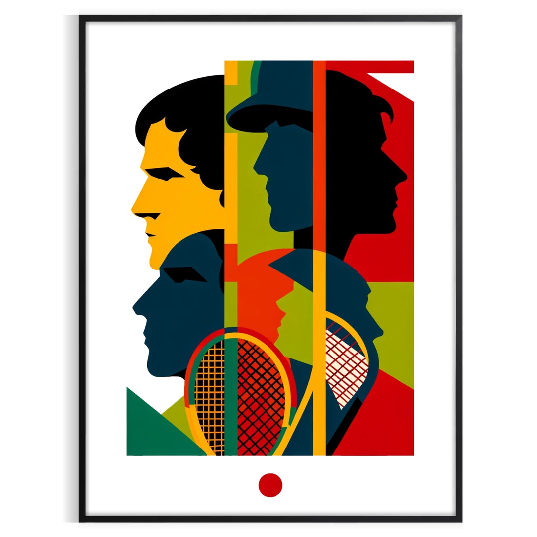 Black and white poster featuring an abstract silhouette of a tennis player in motion