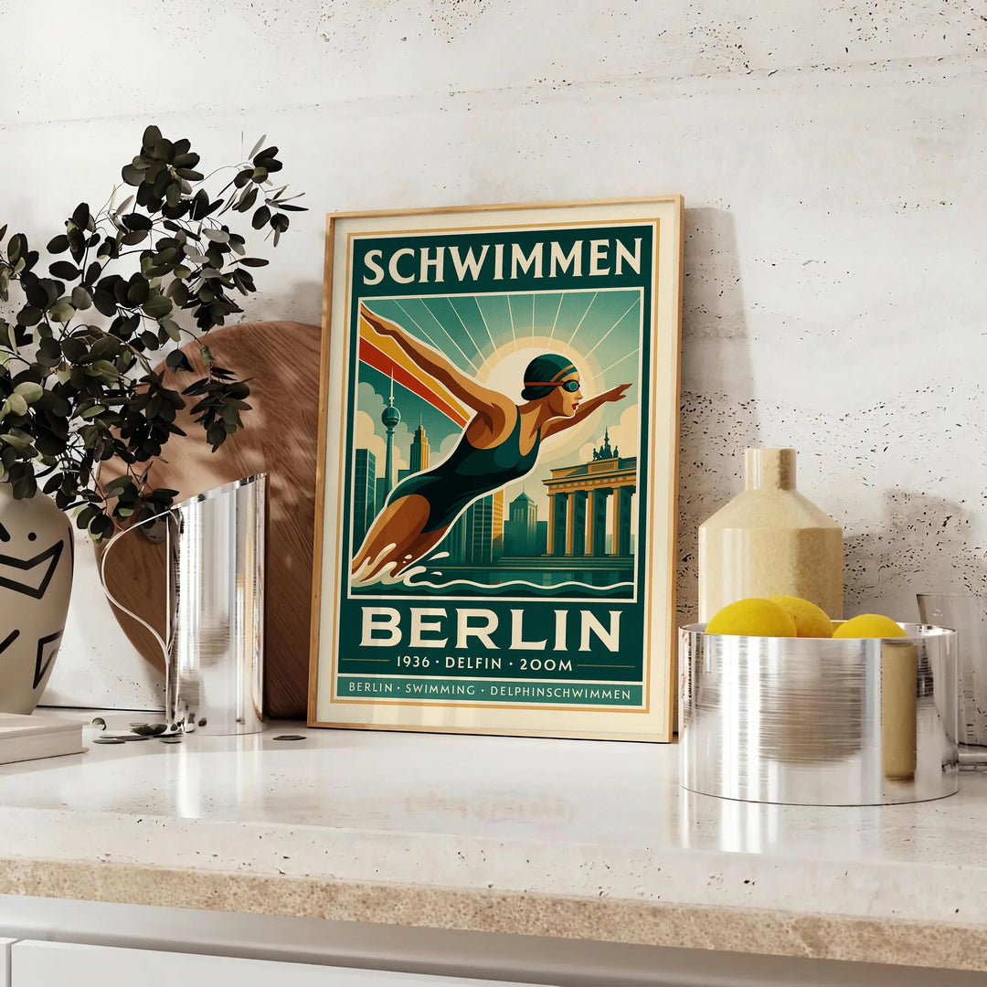 ambiance Berlin affiche Swimming teintes marron vert 50x70 30x40 idéal espace œuvre captivante style encadré
