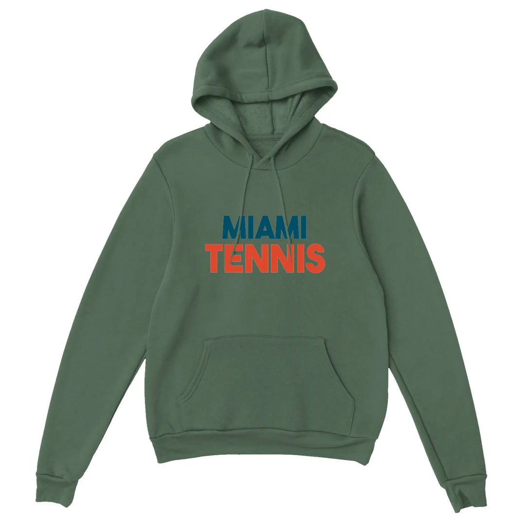 Hoodie featuring a graphic of Miami tennis courts with palm trees