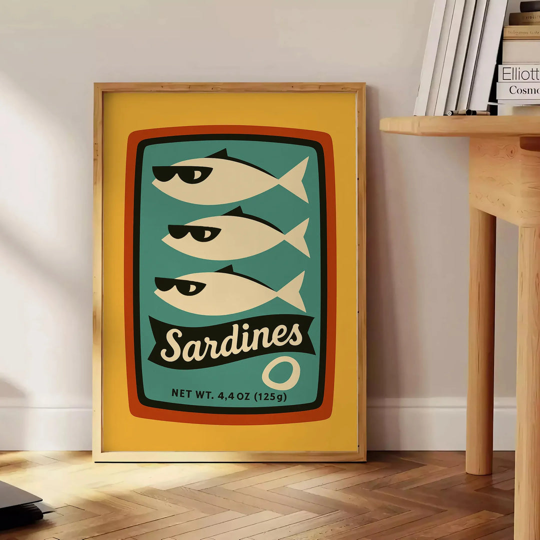 Ilustração de sardinhas em um estilo náutico divertido com tons de azul e vermelho