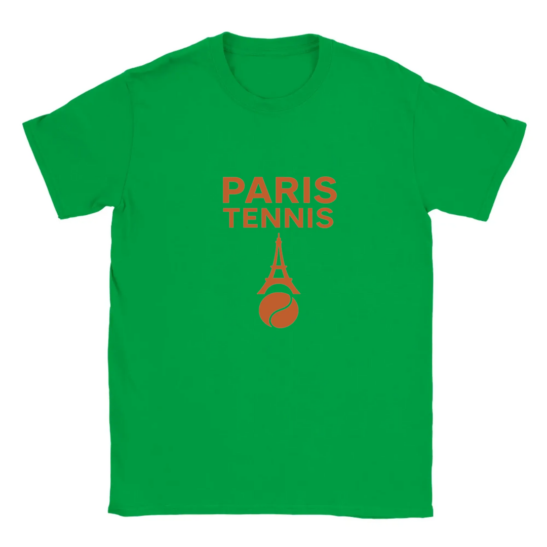 T-shirt featuring a graphic of tennis rackets and a ball with Paris landmarks