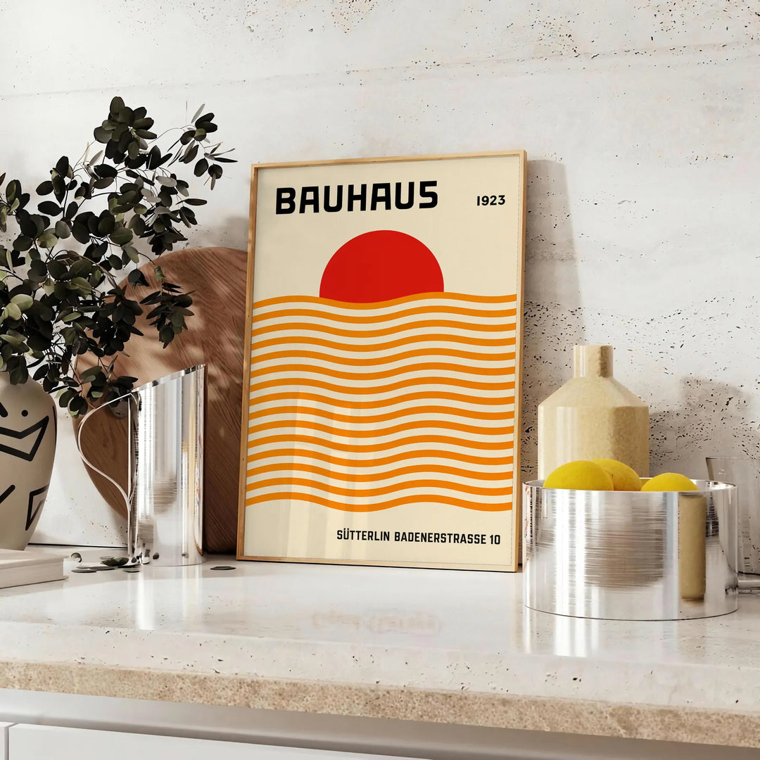 Bauhaus sun poster with red, orange and yellow geometric abstract design