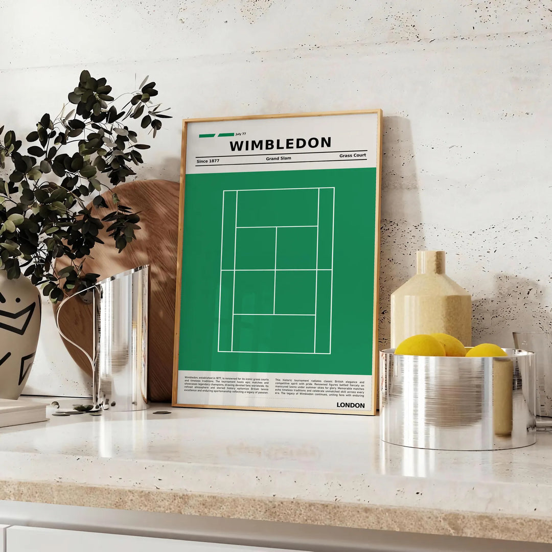 Retro-style graphic of a tennis court in green and white for Wimbledon
