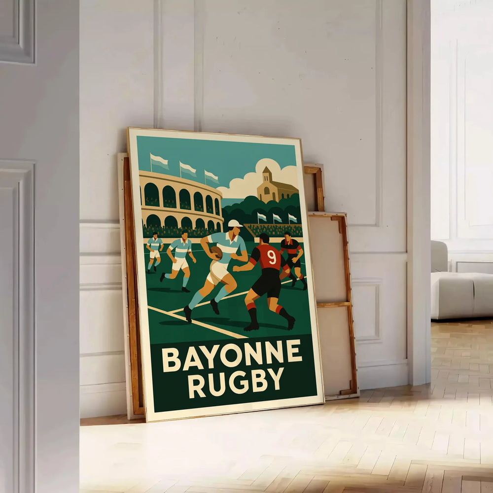 Bayonne rugby team action illustration in vintage Art Deco poster