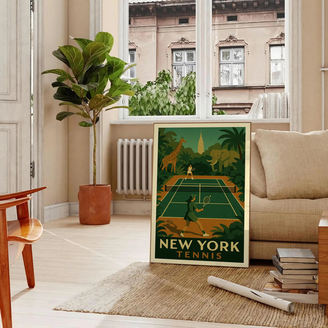 Representación estilizada de una jungla en Nueva York con una raqueta de tenis, tonos tierra