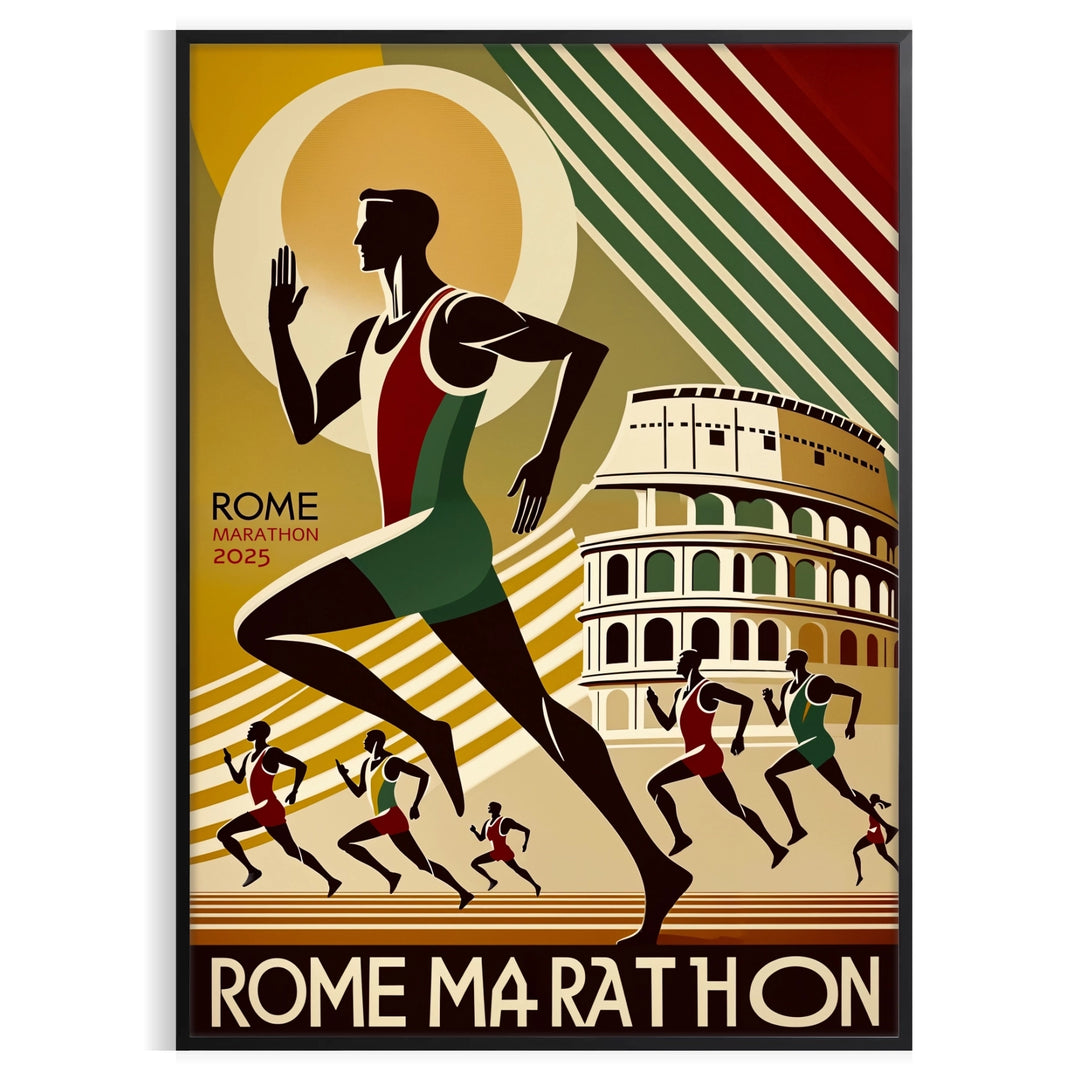 Green and black Rome Marathon poster with stylized runner and skyline