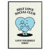 Svartvitt typografiskt mönster med 'Self Love Social Club' i minimalistisk stil