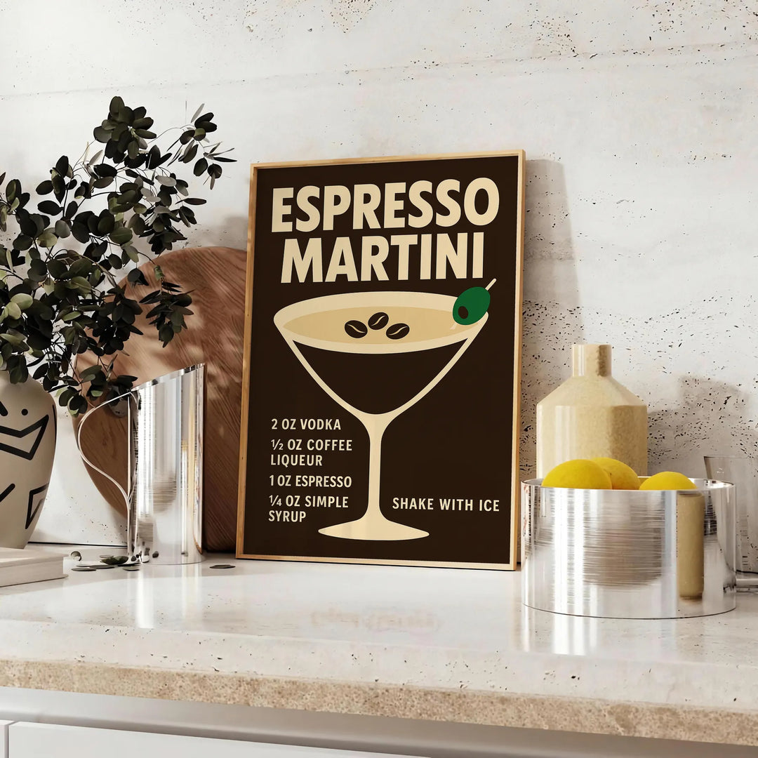 Minimalist illustration of an Espresso Martini cocktail in black and gray