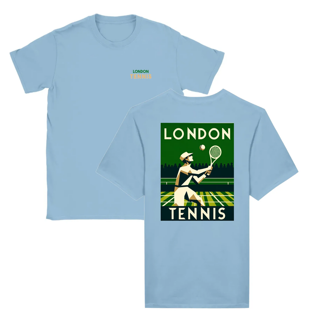T-shirt featuring a graphic of tennis rackets and a ball in a dynamic design