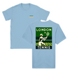 T-shirt featuring a graphic of tennis rackets and a ball in a dynamic design