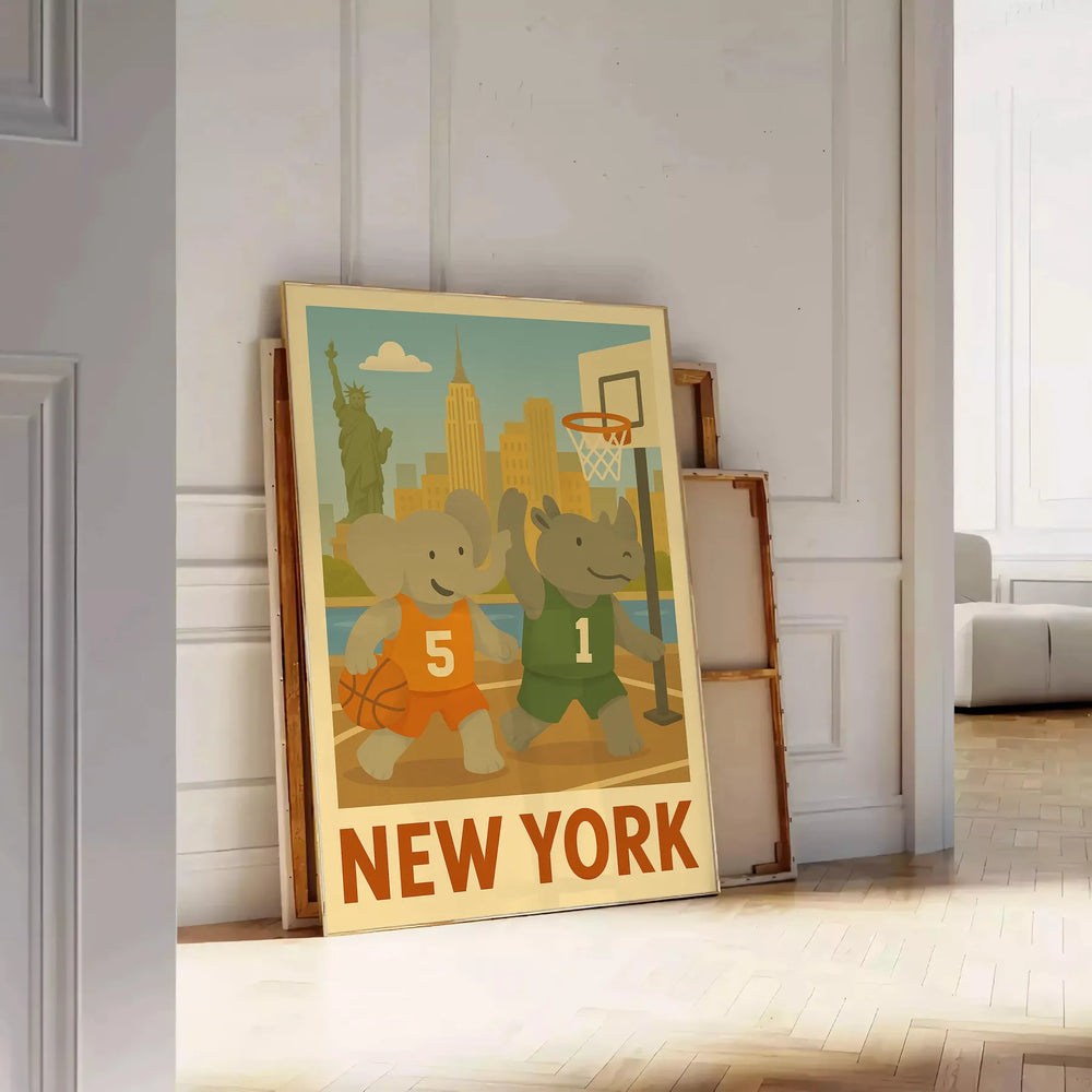 Illustration of an elephant and rhinoceros playing basketball in New York