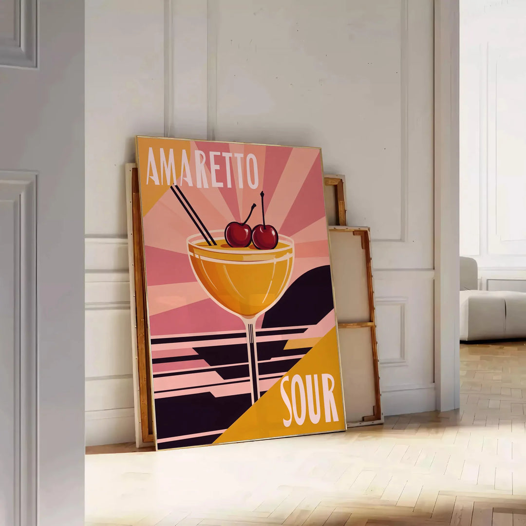 Illustration of an Amaretto Sour cocktail with orange and red hues