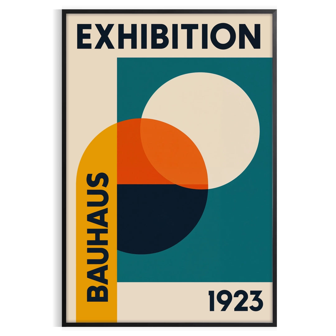 Bauhaus exhibition poster featuring geometric abstract design in blue and green
