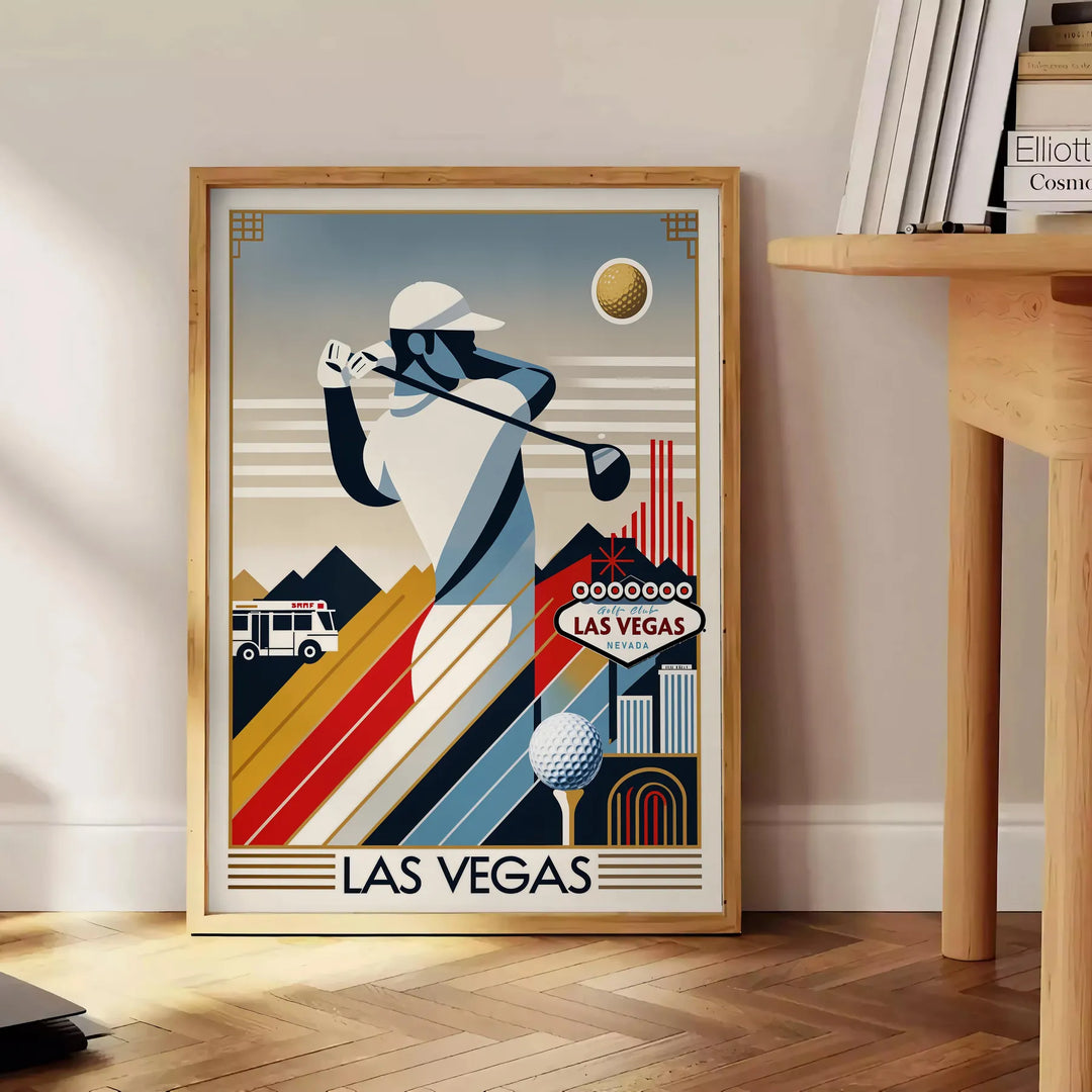 Vintage Art Deco poster depicting a golf scene in Las Vegas with black and orange tones