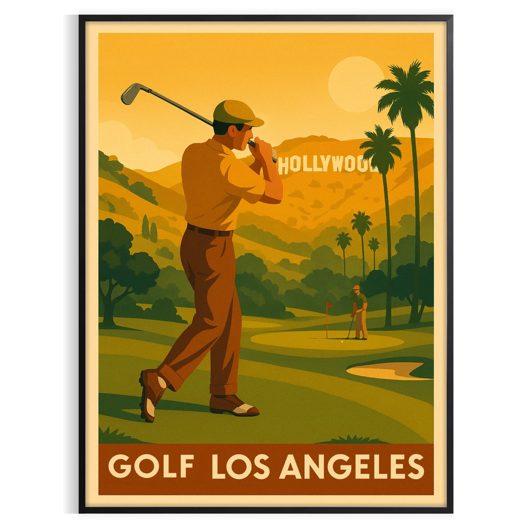 Vintage golf poster depicting Los Angeles landscape in brown and green
