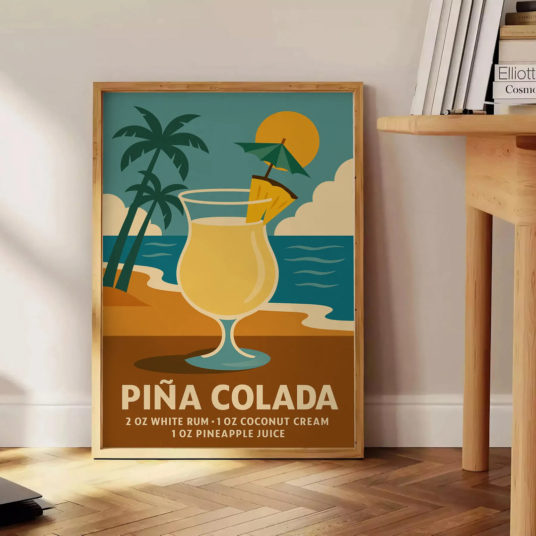 Pina Colada cocktail poster with gray and orange minimalist tropical illustration