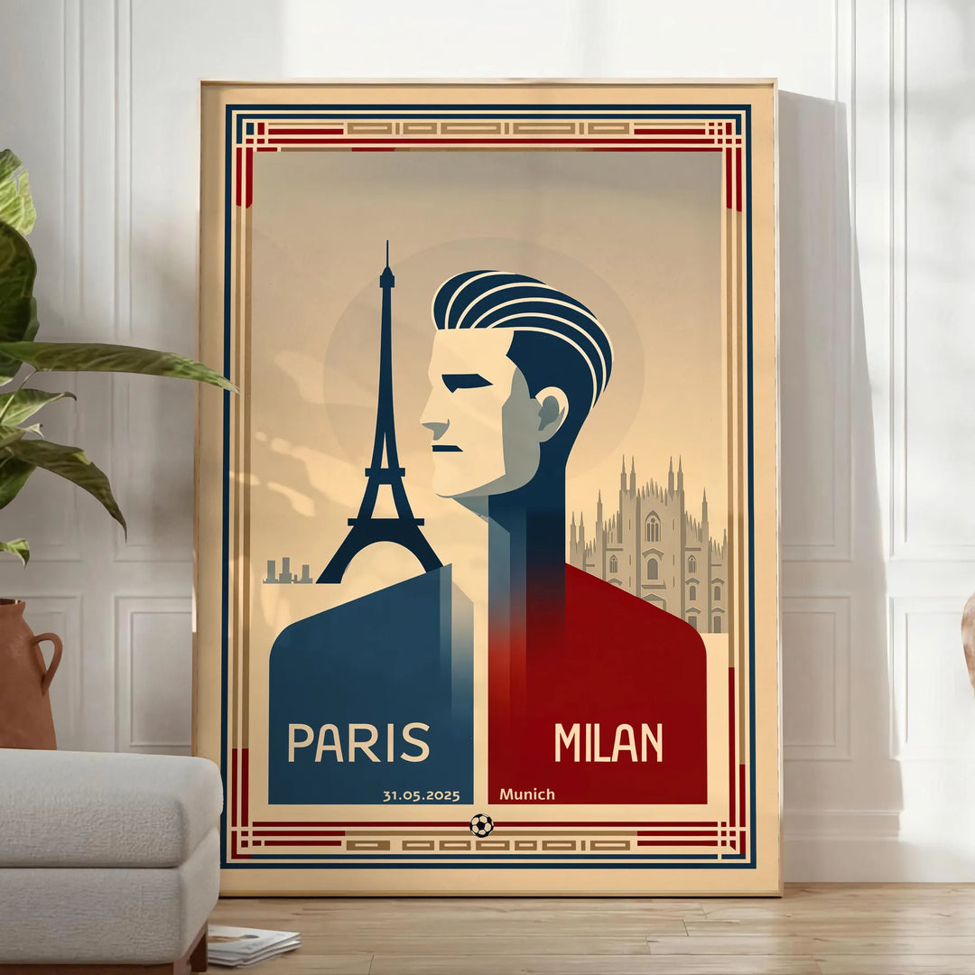 Stylized football poster featuring blue and brown colors for Paris-Milan-Munich match
