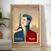 Stylized football poster featuring blue and brown colors for Paris-Milan-Munich match