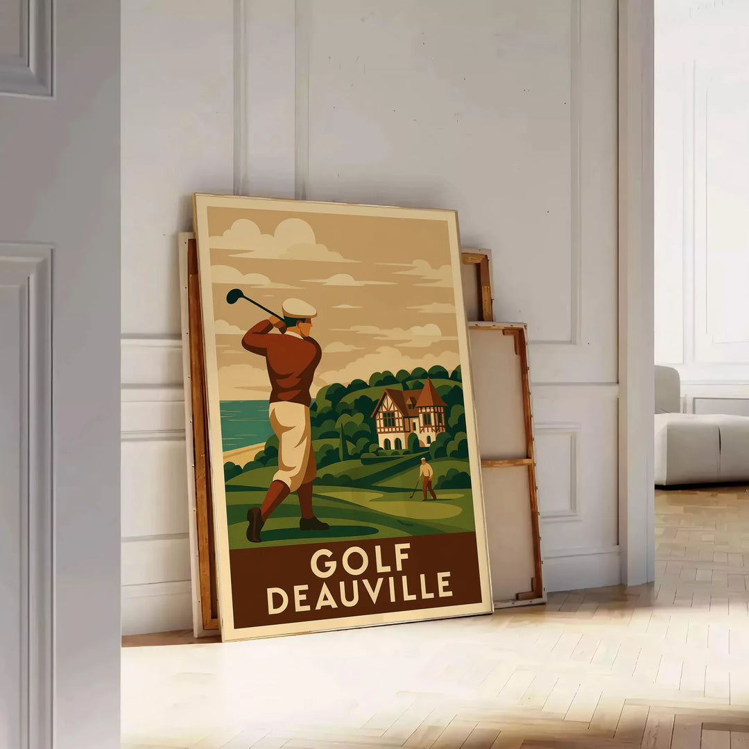 Poster showing vintage Deauville golf scene in brown and green tones