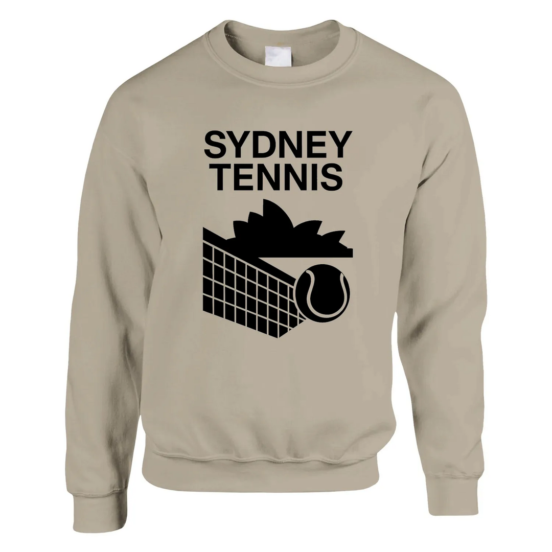 Unisex sweater featuring a graphic print of tennis elements and Sydney landmarks