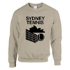 Unisex sweater featuring a graphic print of tennis elements and Sydney landmarks