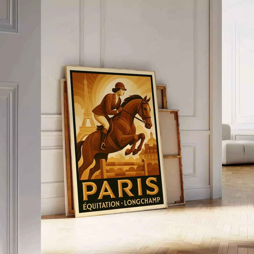 Silueta minimalista de un caballo sobre fondo negro y marrón, tema París