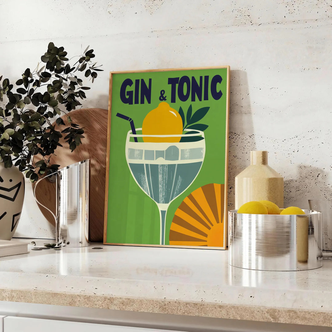 Black and gray gin and tonic poster, minimalist elegant cocktail artwork
