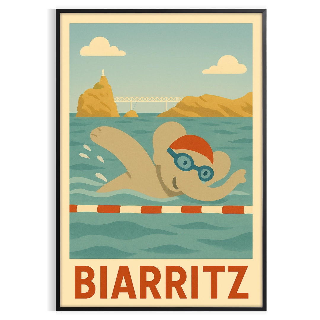 Whimsical illustration of a gray elephant swimming in blue water, Biarritz