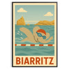 Whimsical illustration of a gray elephant swimming in blue water, Biarritz
