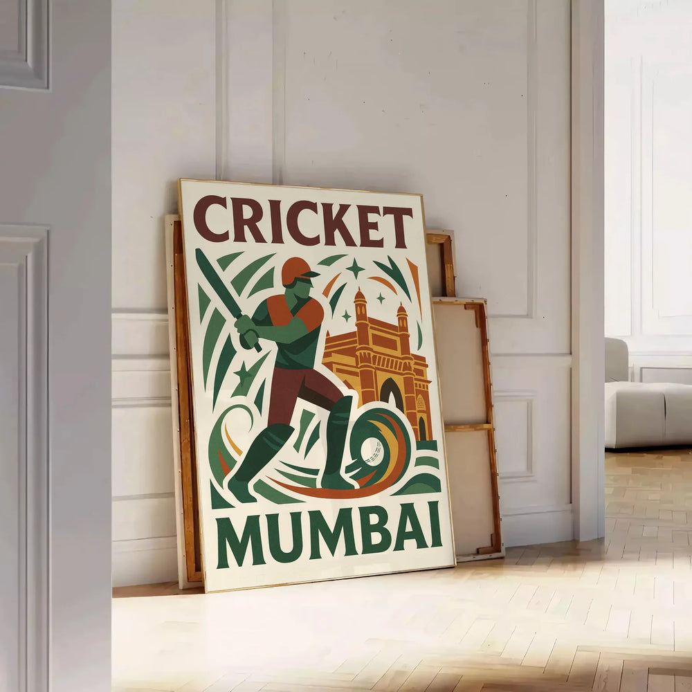 Gray and white poster of stylized cricket player, minimalist Mumbai design